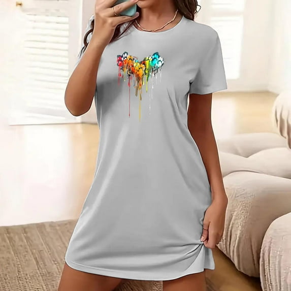 Elvqul Nightgowns for Women Under $10 Womens Sleepwear Pull on Gray Short Sleeve Nightgowns