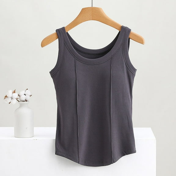 Elvqul Tank Tops for Women Cotton Padded Sleeveless Brown Pullover Plain Comfortable Round Neck Tops