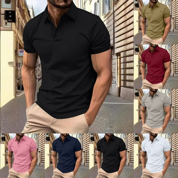 Elvqul Short Sleeve T-Shirts for Men Summer Polo with Collared Work Button up Plain Pullover V-Neck Mens Shirts