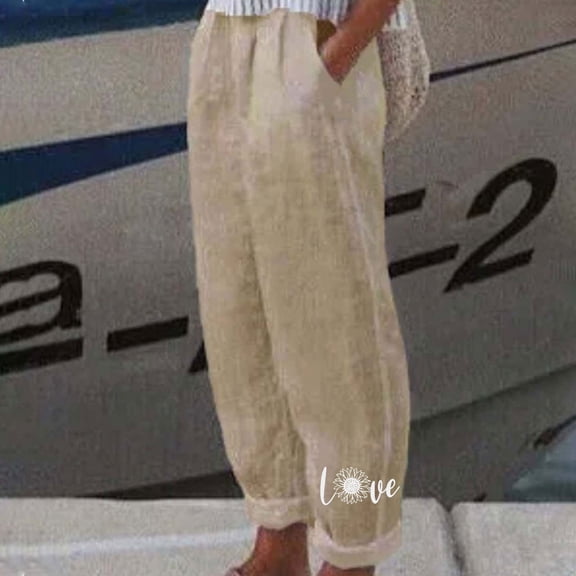 Elvqul Cotton Pants for Women Plus Size Khaki Love Print Pants for Women Plus Size Pockets Pull on