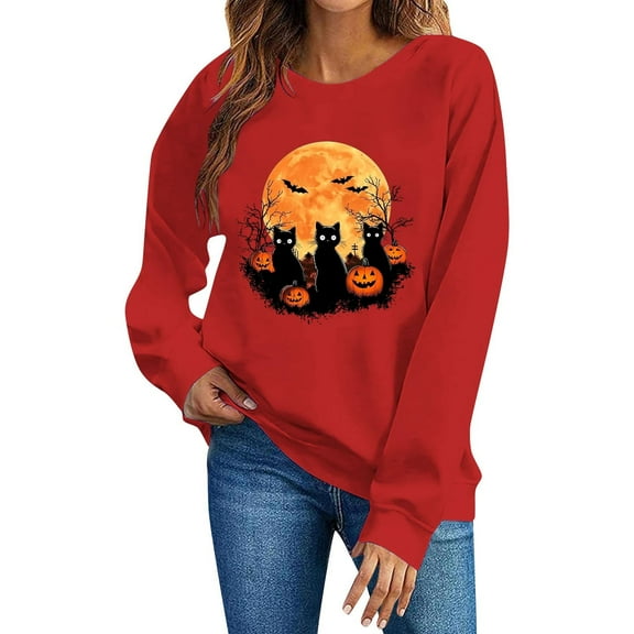 Elvqul Cotton Sweatshirts for Women Crewneck Pullover Fall Winter Halloween Halloween Womens Sweatshirts Long Sleeve