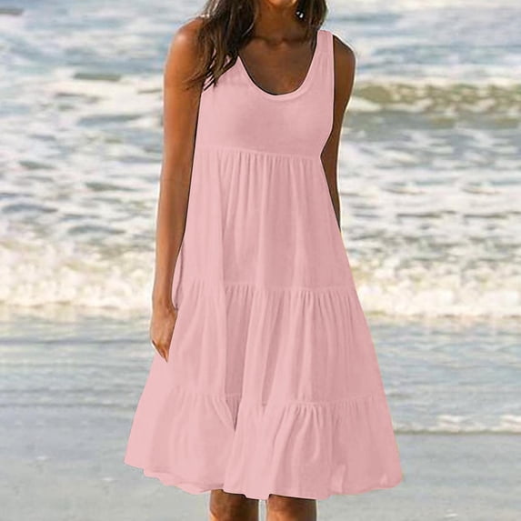 Elvqul Crew Neck Dresses for Women Ruffle Summer Midi Gown Plus Size Green Pleated Sleeveless Womens Rompers Solid