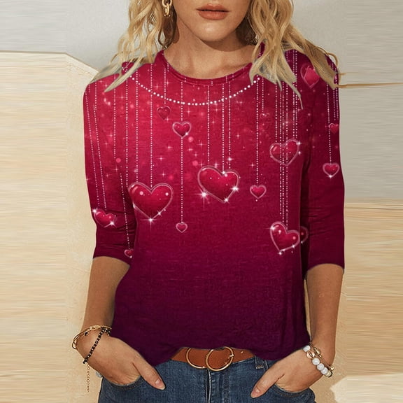 Elvqul Crew Neck Shirts for Women 3/4 Sleeve Tops Trendy Pullover Valentines Cold Weather Ladies Shirts Love Heart Print