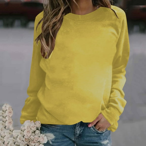 Elvqul Crew Neck Sweatshirt for Women Yellow Oversized Pull on Plain Tops Women Loose Fit Shirts Fleece Sweatshirts