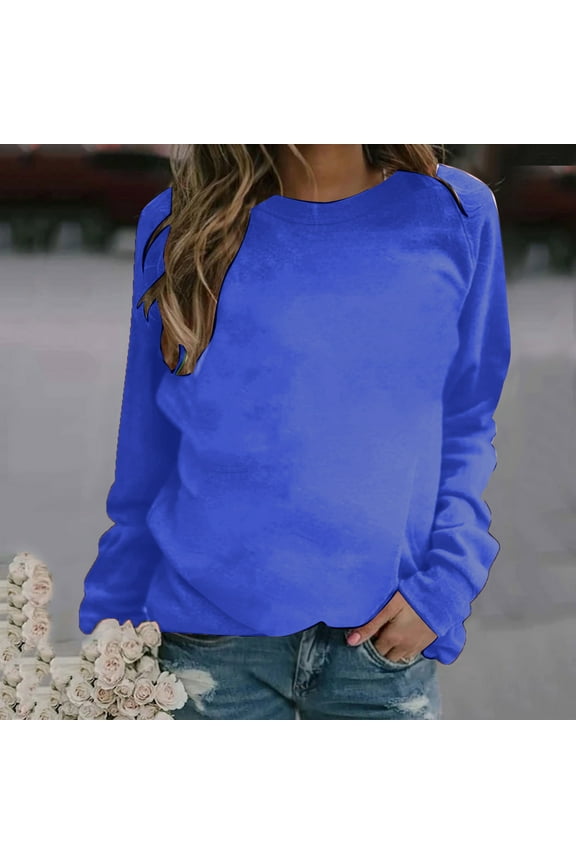 Crew Neck Sweatshirts for Women Blue Loose Fit Solid Shirts Fall Comfort Tees Ladies Sweatshirts