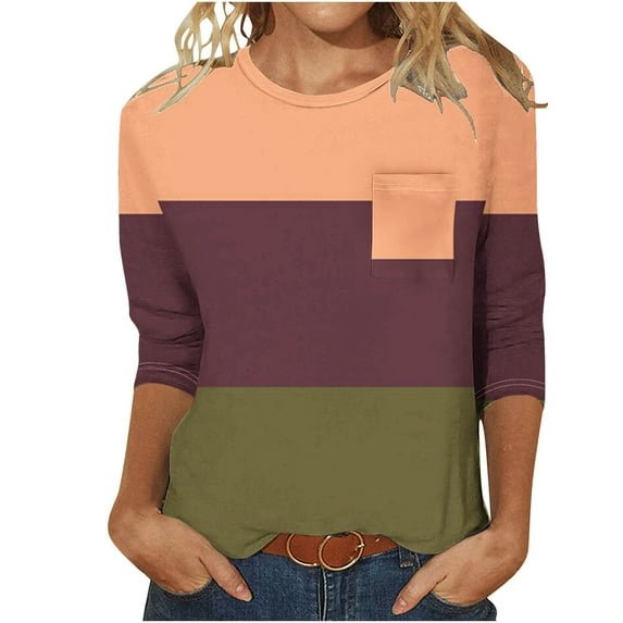 Elvqul Crew Neck Women's Tops 3/4 Sleeve Brown Women T Shirts Fashion Casual Print Loose Tops