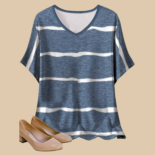 Elvqul Crew Neck Womens Tops Blue Soft Blouses Summer Striped Pullover Short Sleeve Tees Tops