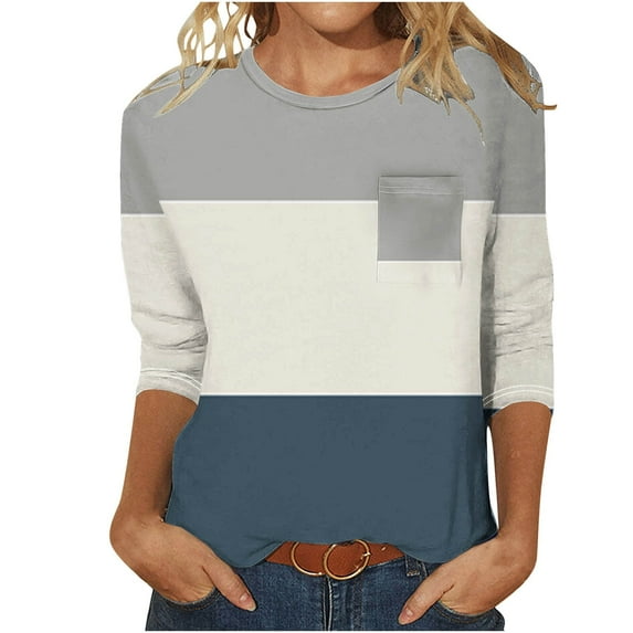 Elvqul Crew Neck Womens Tops Trendy 3/4 Sleeve Gray Tshirt Women Print Fashion Casual Loose Tops