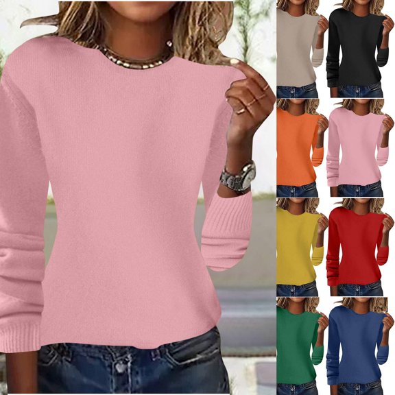 Vetsdori Crew neck Sweaters for Women Casual Pullover Office Long Sleeve Pink Thickness Womens Sweaters