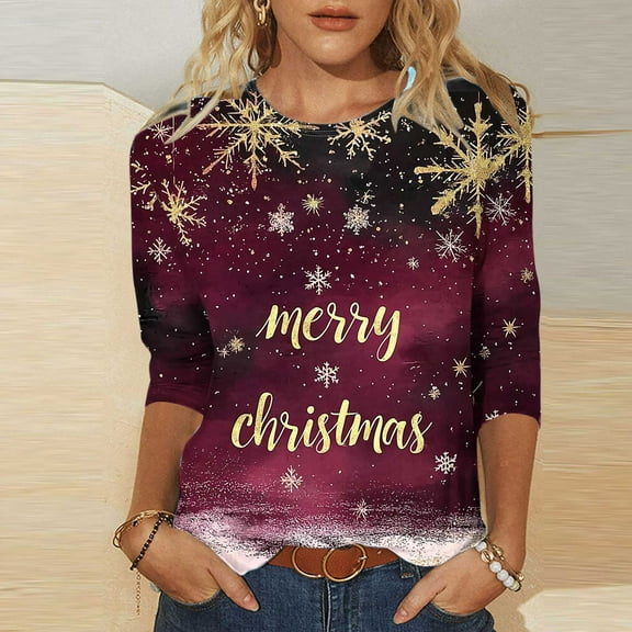 Elvqul Cute Shirts for Women Christmas Tops 3/4 Sleeve Vacation Purple Womens Shirts Printed