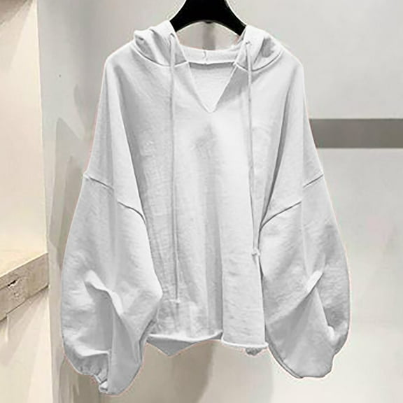 Elvqul Drawstring Tops for Women Oversized Long Sleeve Hoodies Hooded Plain Loose Fit Womens Sweatshirts Pullover