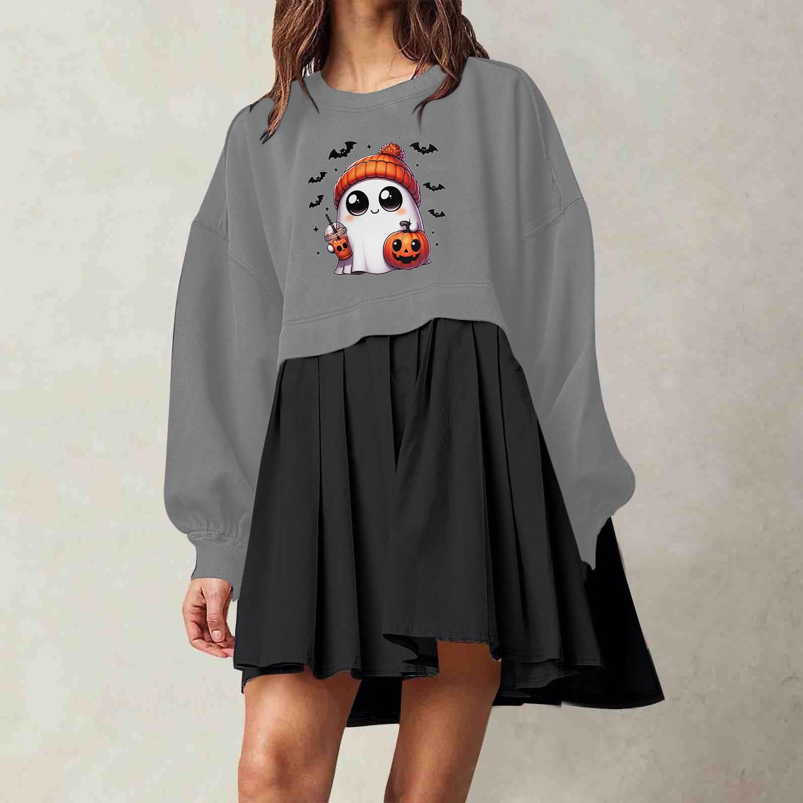 Elvqul Dresses for Women Clearance Midi Dresses Long Sleeve Gray Crew