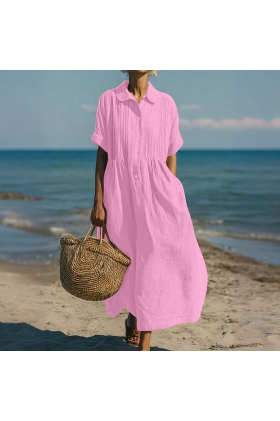 Dresses for Women Collared Dresses Long Button Down Short Sleeve Plain Womens Dresses