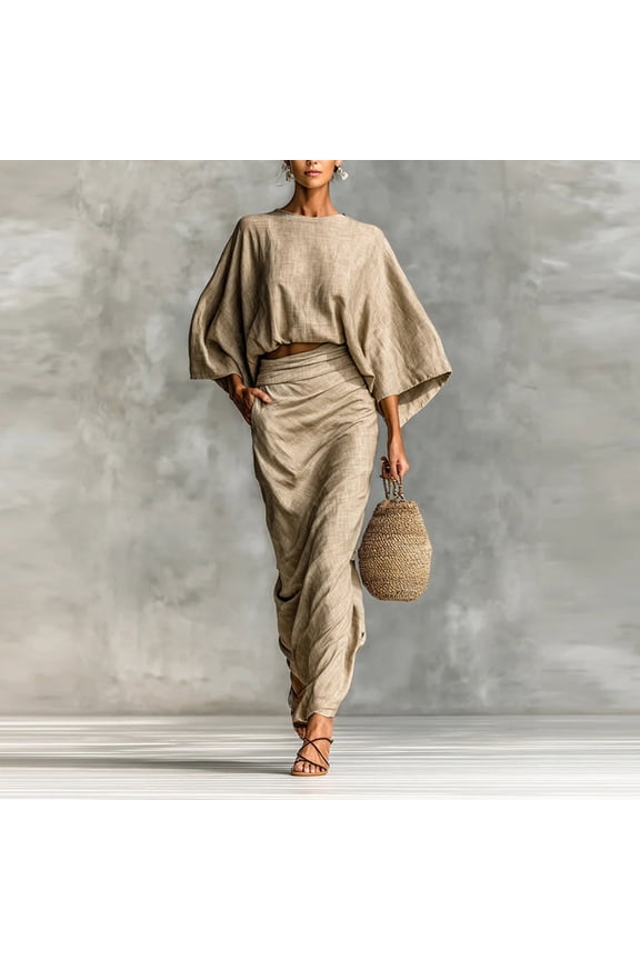 Dresses for Women Elbow-Length Crewneck Womens Dresses Plus Size Solid Pullover Long Dresses Beige Fashion