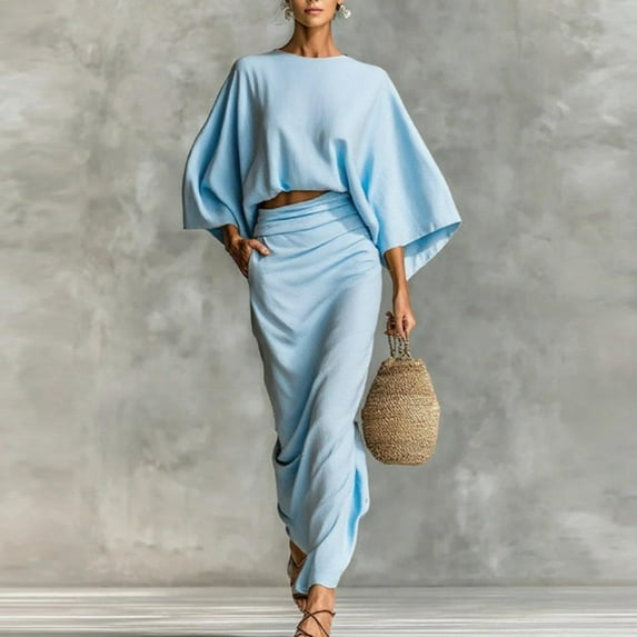 Elvqul Dresses for Women Elbow-Length Crewneck Womens Dresses Plus Size Solid Pullover Long Dresses Sky Blue Trendy
