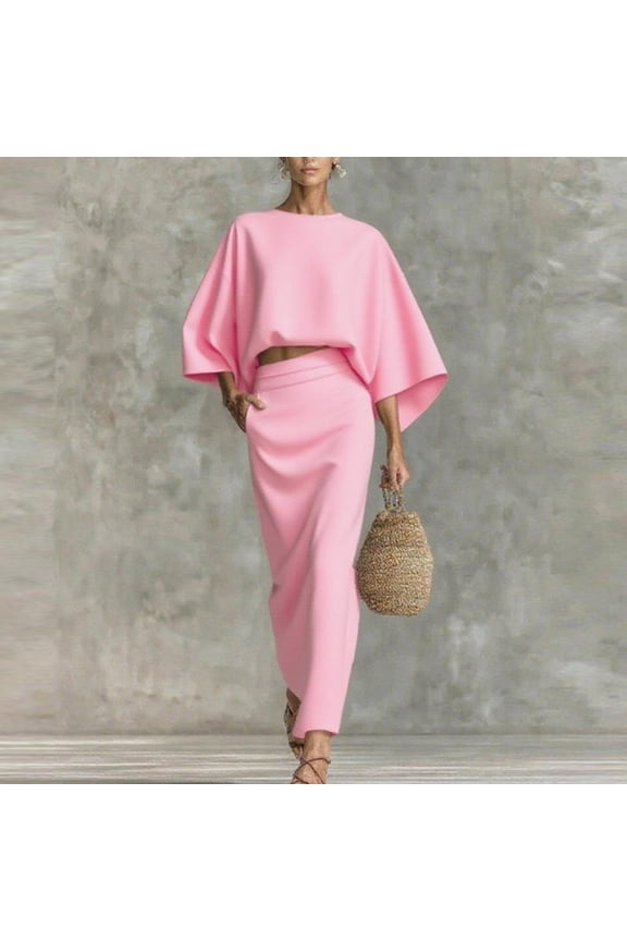Dresses for Women Elbow-Length Round Neck Womens Dresses Plus Size Solid Pullover Long Dresses Pink Elegant