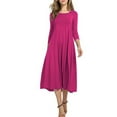thumbnail image 1 of Elvqul Dresses for Women Hot Pink Pleated Dress Crew Neck Solid Color Ruffle Party Long Sleeve Winter Womens Midi Dresses, 1 of 4