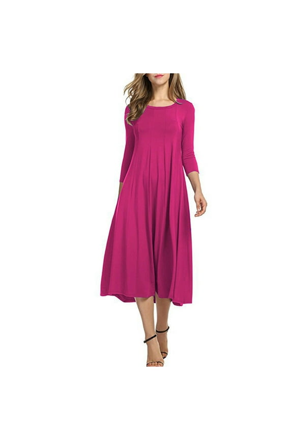 Dresses for Women Hot Pink Pleated Dress Crew Neck Solid Color Ruffle Party Long Sleeve Winter Womens Midi Dresses
