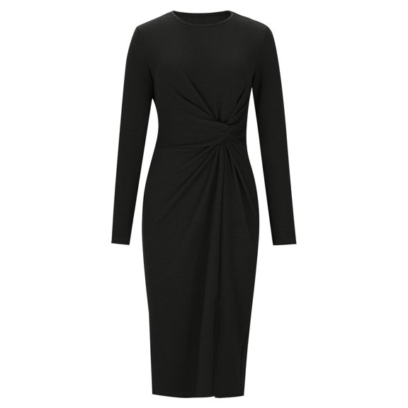 Elvqul Dresses for Women Long Sleeve Black Maxi Round Neck Solid Ladies Dresses