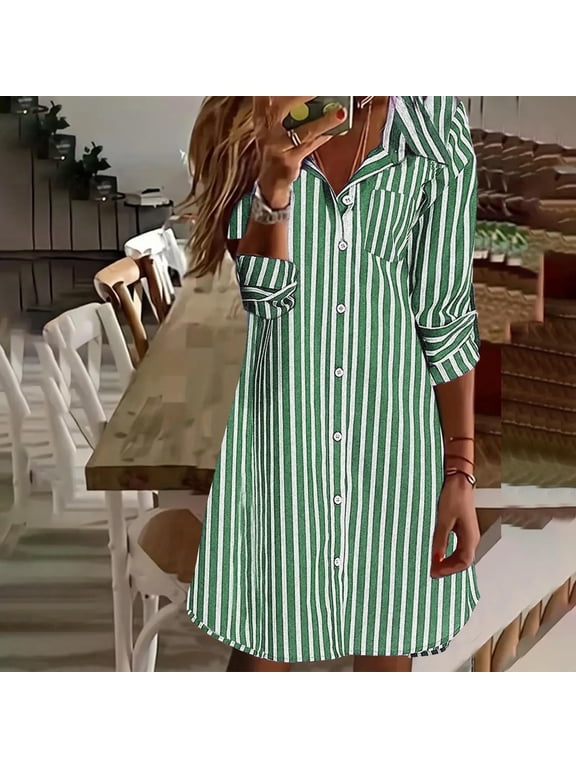 Dresses for Women Long Sleeve Collared Dresses Pullover Summer Striped Ladies Dresses Mini