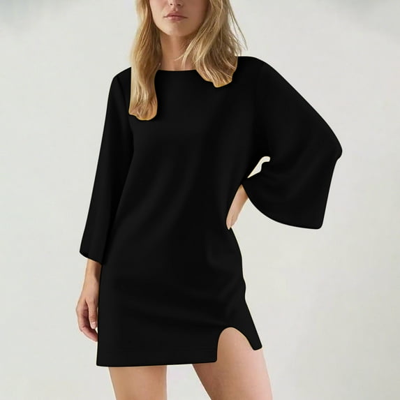 Elvqul Dresses for Women Long Sleeve Slim Fit Dress Loose Winter Black CrewNeck Womens Midi Dresses Solid Color