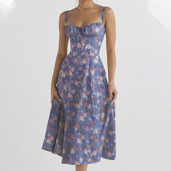 Elvqul Dresses for Women Round Neck Plus Size Print Sleeveless Maxi Navy Vacation Dresses