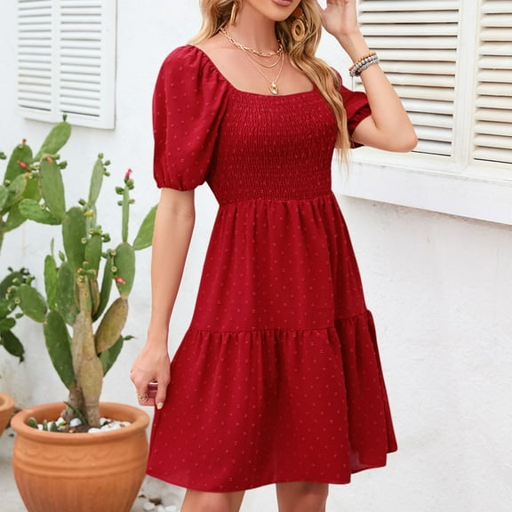 Elvqul Dresses for Women Ruffled Ladies Solid Silk Midi Square Neck Short Sleeve Red Dresses