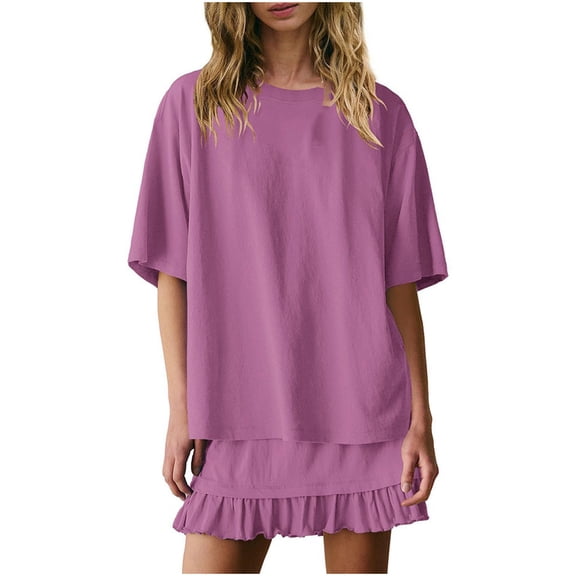 Elvqul Dresses for Women Short Sleeve Crew Neck Womens Dresses Solid Pullover Short Dresses Purple Fashion