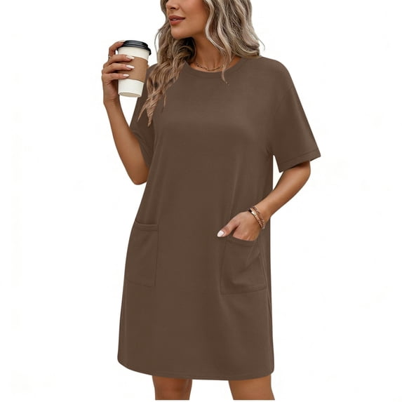 Elvqul Dresses for Women Summer Pullover Mini Dresses Brown Short Sleeve Loose Scoop Neck Pockets Womens Tank Dresses