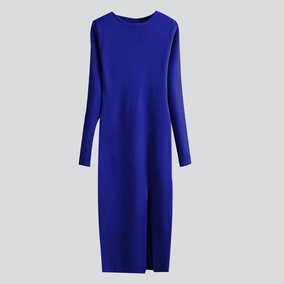 Elvqul Dresses for Women Tunic Winter Long Dress Knit Long Sleeve Blue Fashion Cotton Crew Neck Ladies Sweater Dresses Solid Color