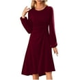 thumbnail image 1 of Elvqul Dresses for Women Wine Knee Length Pleated Dress Tunic Crew Neck Solid Color Winter Long Sleeve Ladies Midi Dresses Party, 1 of 4