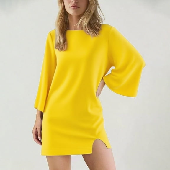 Elvqul Dresses for Women Yellow Winter Dress Slim Fit CrewNeck Long Sleeve Solid Color Womens Midi Dresses House