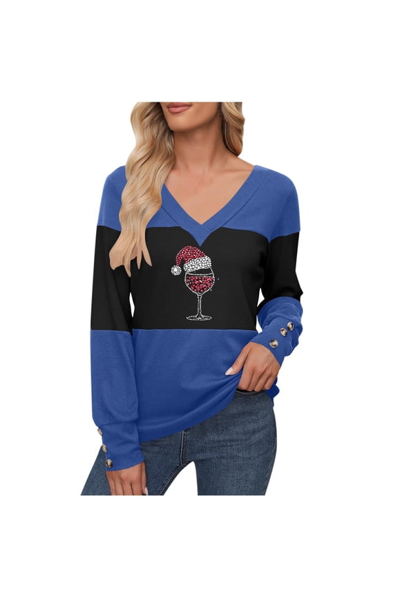 Dressy Tops for Women Cute Shirts Long Sleeve V-Neck Patchwork Pullover Womens Blouses Christmas