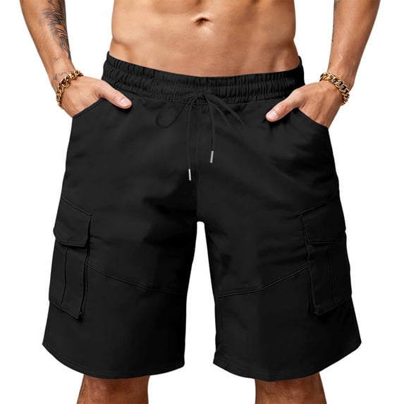 Elvqul Dry Fit Shorts for Men Big and Tall with Pocket Cargo Shorts Black Pull On Mens Shorts Solid
