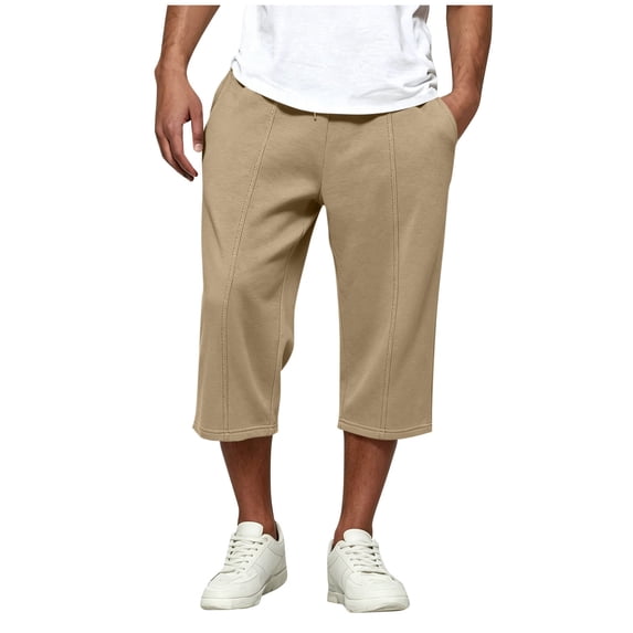 Elvqul Elastic Waist Capri Pants for Men Pockets Straight Leg Pants Holiday Drawstring Relaxed Fit Lightweight Mens Trousers Solid