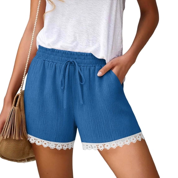 Elvqul Elastic Waisted Short for Women Summer Pull-On Casual Shorts Drawstring Lounge Casual Beach Holiday Plain Juniors Short Pant