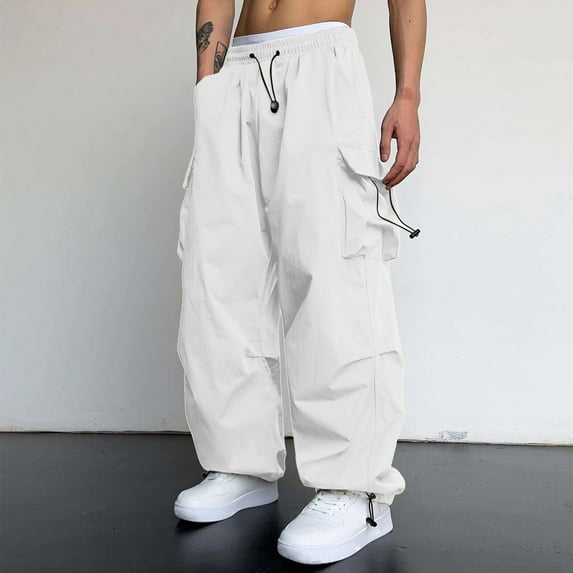 Vetsdori Fashion Cargo Pants for Men Loose Functional pockets Pullover Big and Tall Trendy Multi-Pocket Elastic Waist White Mens Pants