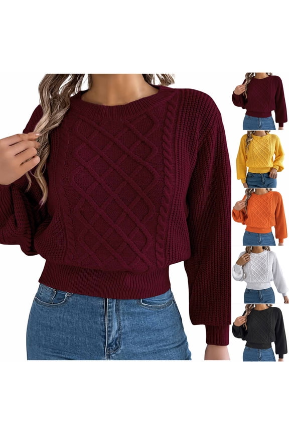 Hipattires Fashion Sweaters for Women Solid Tailored Pullover Knitted Cropped Tops Wine Trendy Long Sleeve Womens Blouse Thick Warm