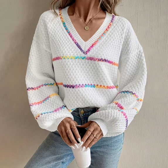 Hipattires Fashion Sweaters for Women Thick Warm Striped Pullover White Loose Tops Knitted Long Sleeve Oversized Womens Blouse Winter