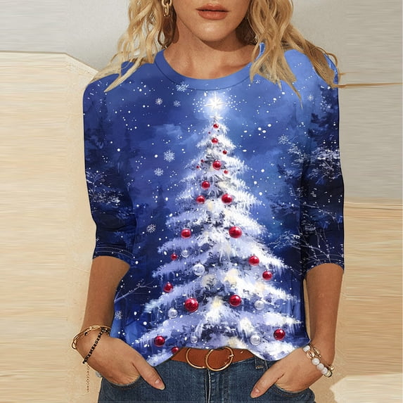 Elvqul Fashion Tops for Women Christmas T Shirts Pullover 3/4 Sleeve Printed Navy Womens Blouses Crewneck