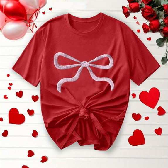 Elvqul Fashion Womens Tops Red Blouses Bow Print Plus Size Crew Neck Short Sleeve Tees Cotton Pullover Soft Tops