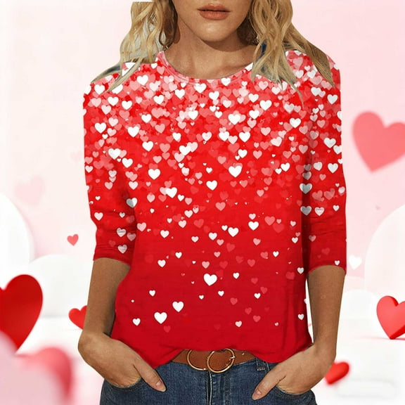 Elvqul Fashionable Shirts for Women 3/4 Sleeve Crew Neck Tops Pattern Valentines Loose Fashion Womens Blouse Stretchy