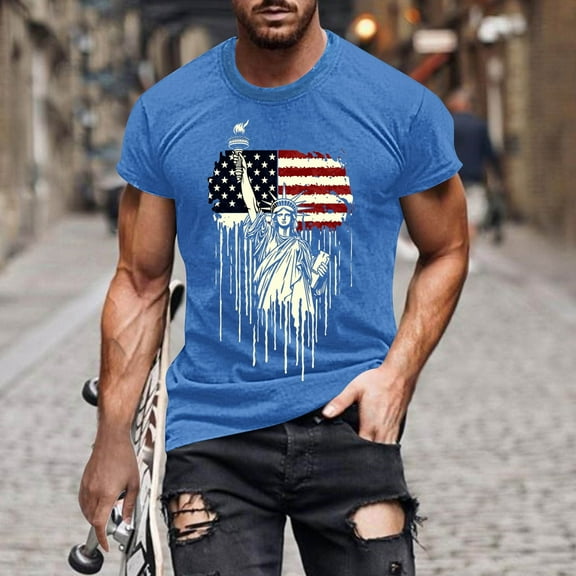 Elvqul Fourth of July Shirts for Men Independence Pullover Graphic Blue T Shirts Fashion Round Neck Short Sleeve Eagle Mens Shirts Patriotic