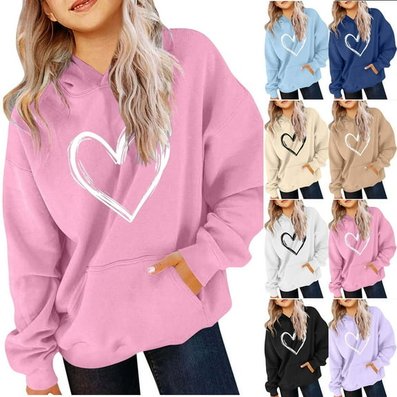 Elvqul Hoodies for Teen Girls Trendy Hooded Sweatshirts Oversized Long Sleeve Shirts Graphic Clothes for Girls Warm Kids Sweatshirt