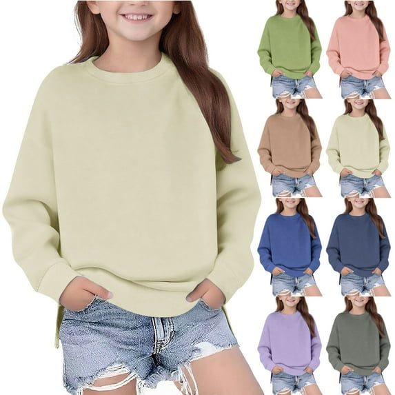 Elvqul Girls Oversize Sweatshirts Pullover Hoodie Beige Crew Neck Casual Drop Shoulder Solid Color Sweatshirt for Girls 10-12