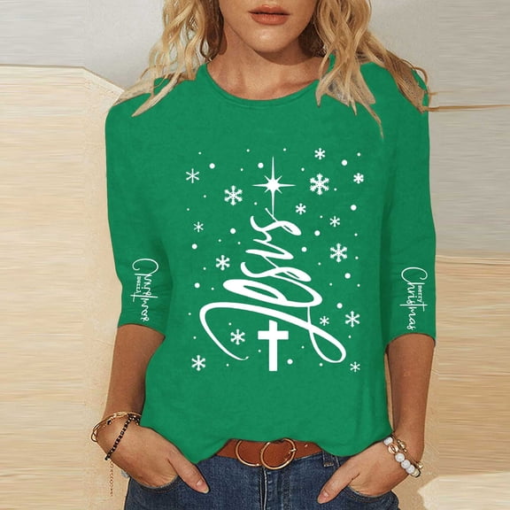 Elvqul Going Out Tops for Women Crew Neck Blouses 3/4 Sleeve Pullover Cute Christmas Tree Printed Womens Tops Christmas