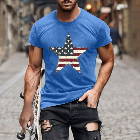 Elvqul Graphic Shirts for Men American Flag Independence Pullover 4th of July Tee Shirts Trendy Short Sleeve Crew Neck Blue Mens Shirts Eagle