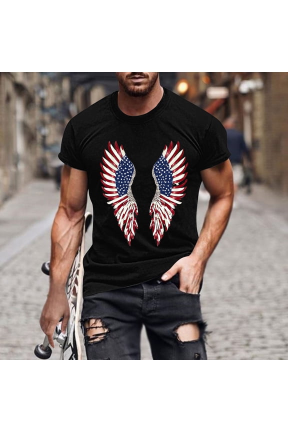 Graphic Shirts for Men Fourth of July Independence Day Pullover Black American Flag Crew Neck T-Shirts Short Sleeve Mens Shirts Eagle