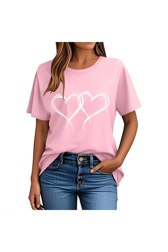 Graphic Shirts for Women Stylish Summer Tops Love Crew Neck Blue Plus Size Short Sleeve Valentines Womens Blouse