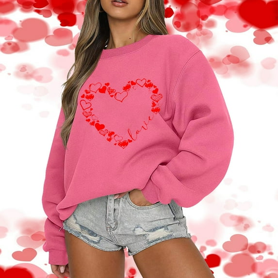 Elvqul Graphic Sweatshirts for Women Valentine's Day Tops Crewneck Hot Pink Sweater Soft Ladies Sweatshirts